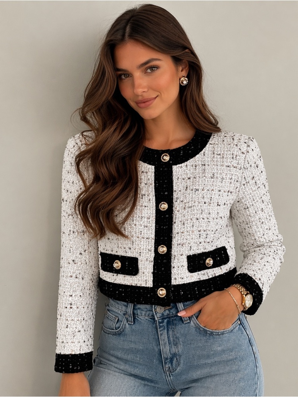 Walter Baker Cropped Tweed Jacket Black & White Gold Button Sz M